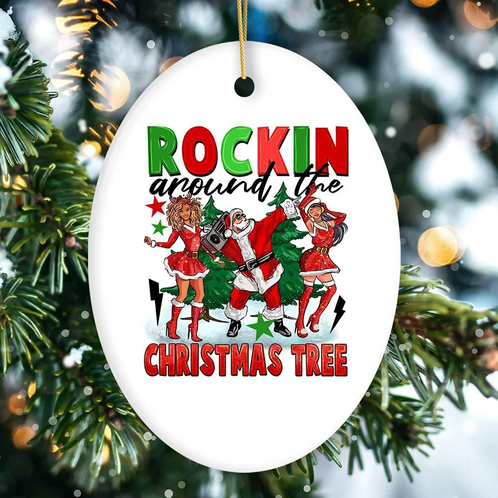 Rockstar Dancing Santa and the Ladies Cool and Funny Ornament, Rockin Around th
